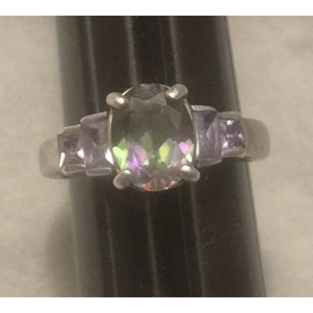 VTG 925 Sterling Silver Mystic Topaz Amethyst Ring FAS Size 5.75  Cocktail